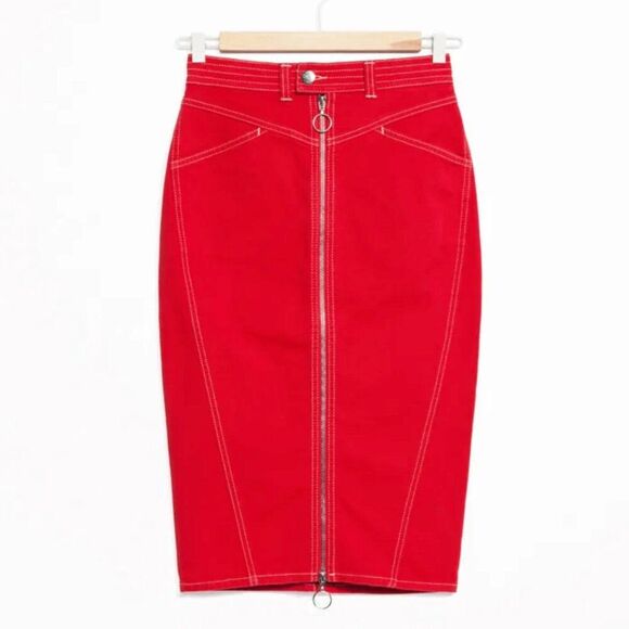 & Other Stories Red Denim Stitch Zip Midi Pencil Skirt Pockets Organic Cotton 4 - Picture 1 of 9